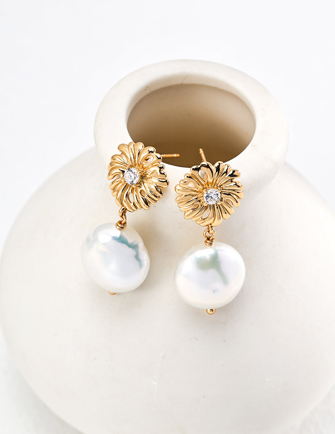 Natural Pearls Earring With Zircon On Vintage Sun Embossment In Gold-Plated Silver