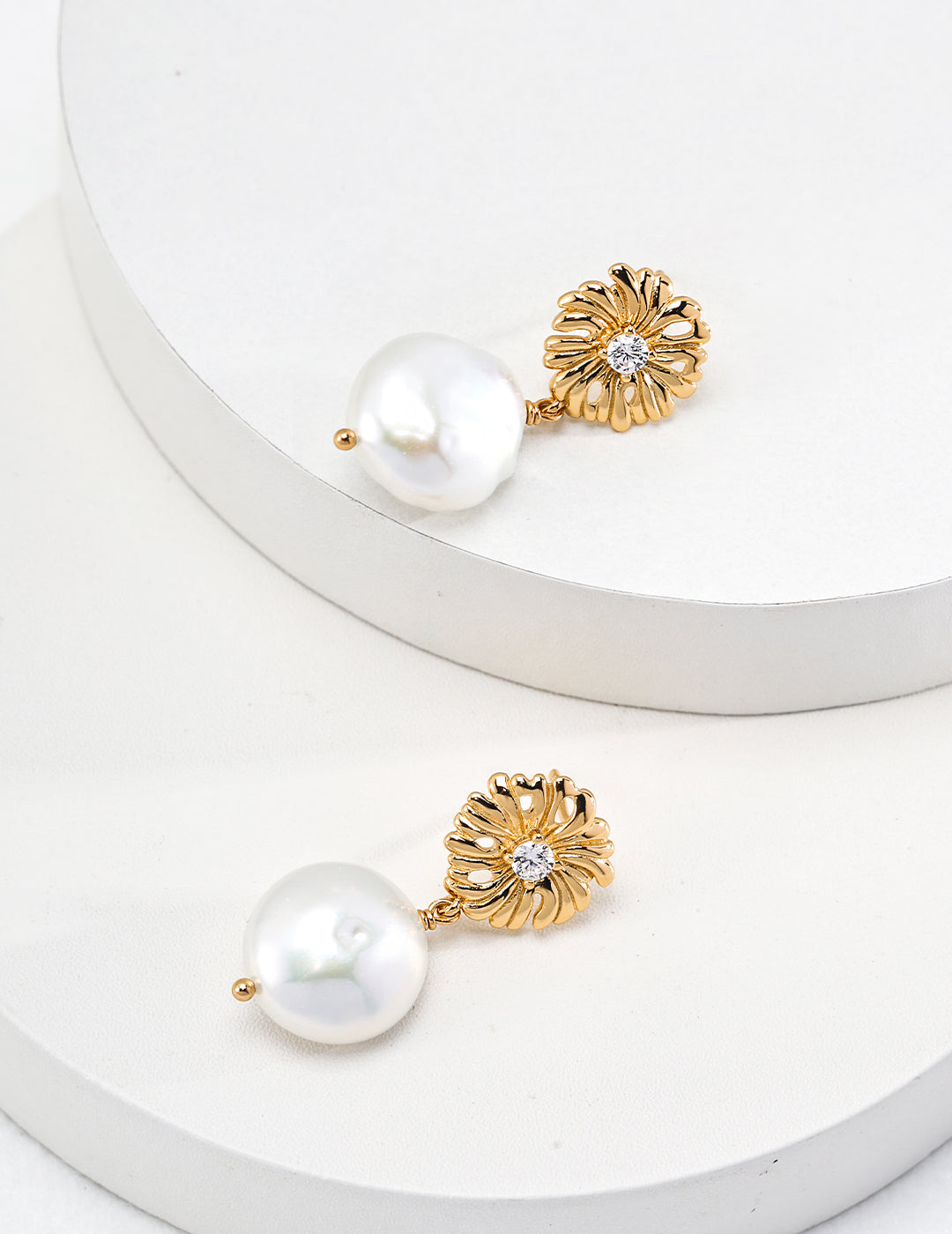 Natural Pearls Earring With Zircon On Vintage Sun Embossment In Gold-Plated Silver