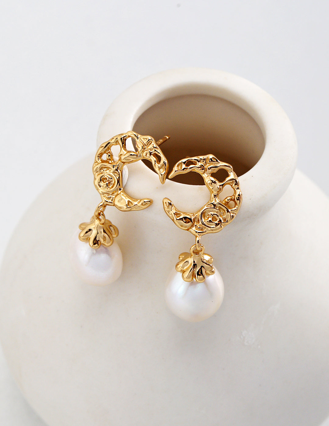 Big Natural Pearls Earring With Moonshape Gold-Plated Silver