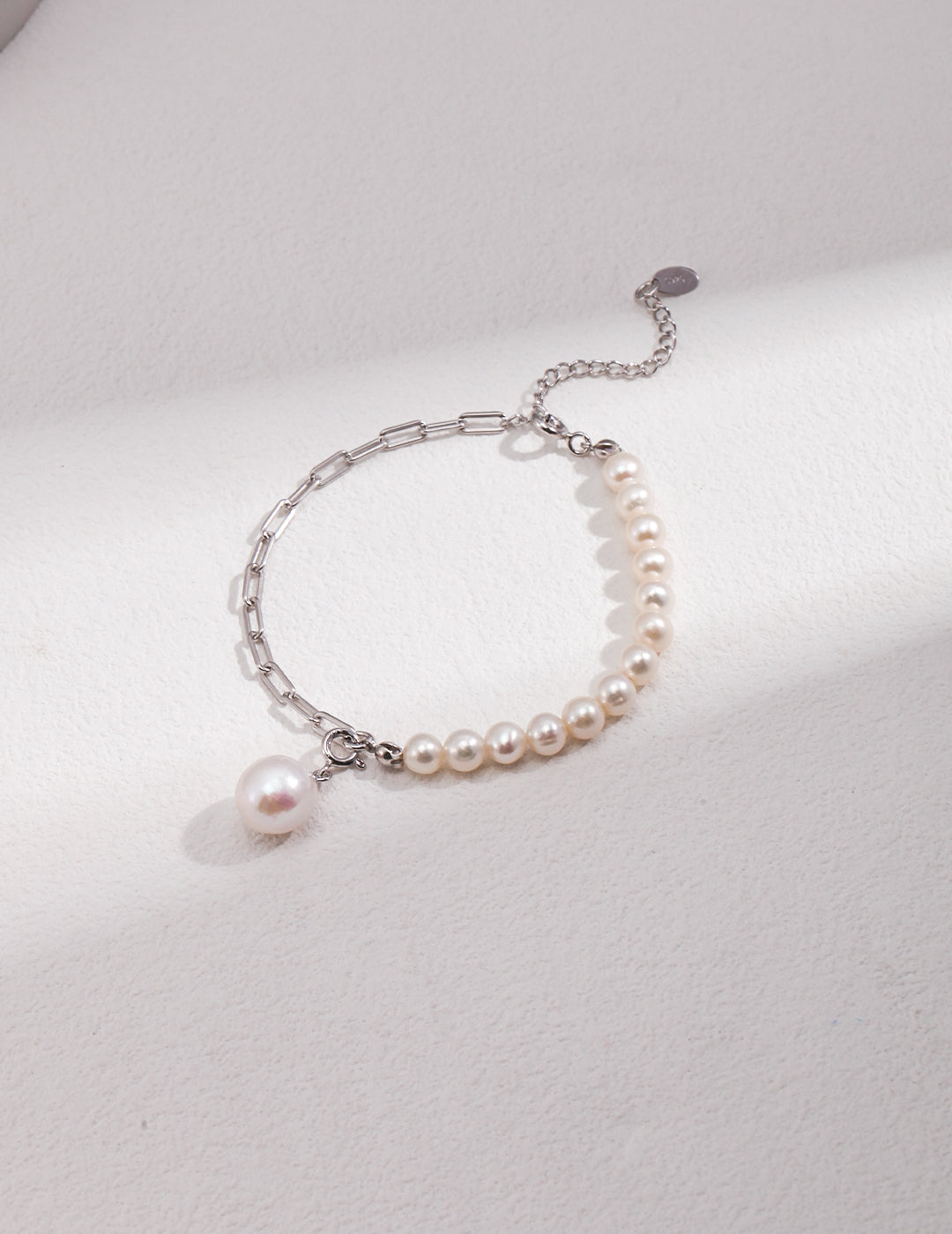 Half Pearl Half Chain Bracelet with BIG Pearl Pendant (Silver)