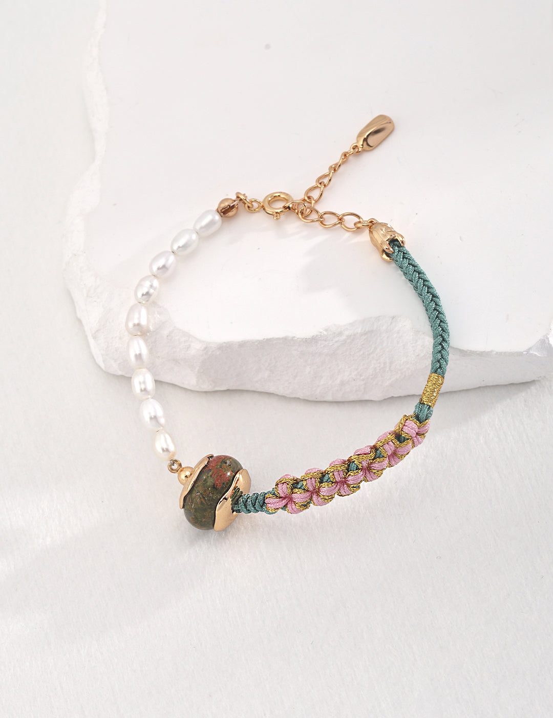 Natural Unakite Bracelet With Pearls In Gold Plated Silver