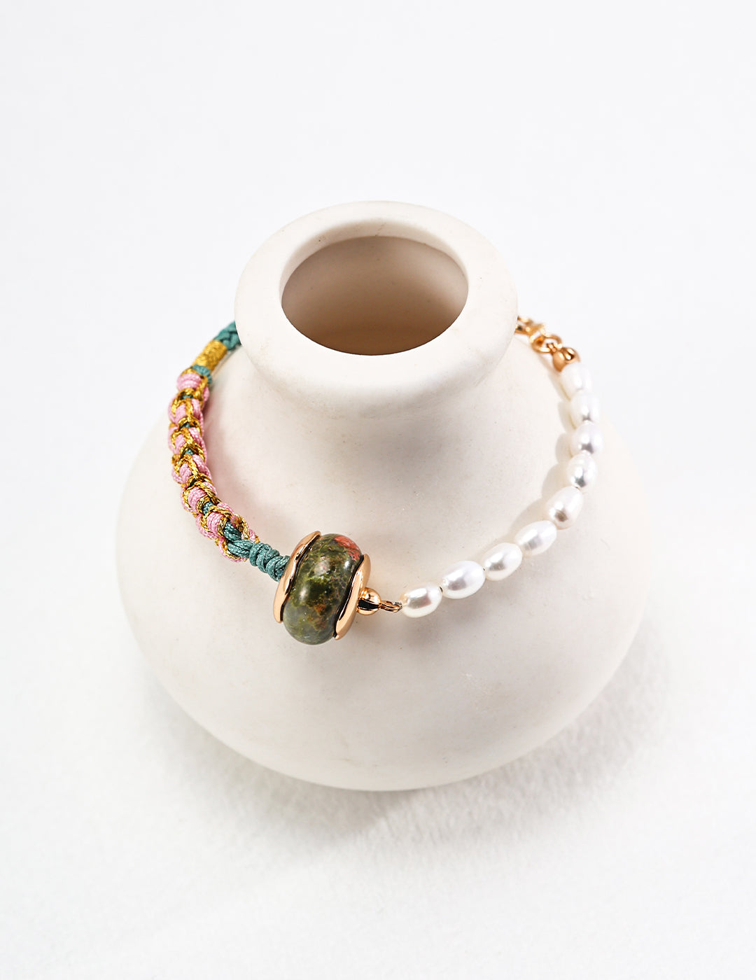 Natural Unakite Bracelet With Pearls In Gold Plated Silver