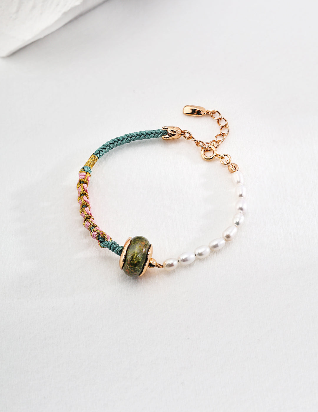 Natural Unakite Bracelet With Pearls In Gold Plated Silver