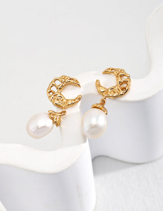 Big Natural Pearls Earring With Moonshape Gold-Plated Silver