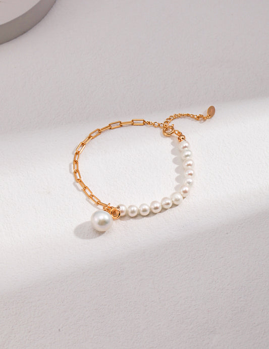 Half Pearl Half Chain Bracelet with BIG Pearl Pendant (Gold)