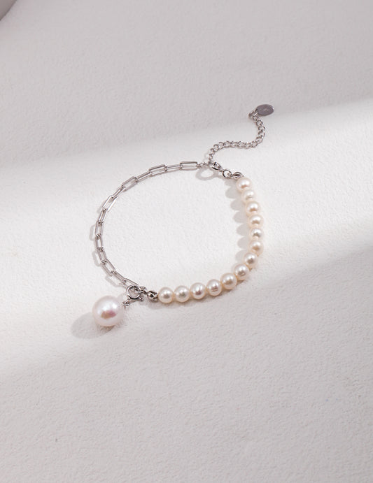 Half Pearl Half Chain Bracelet with BIG Pearl Pendant (Silver)