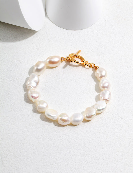 Organic Shape Natural Pearl Bracelet With Gold Plated Silver Links