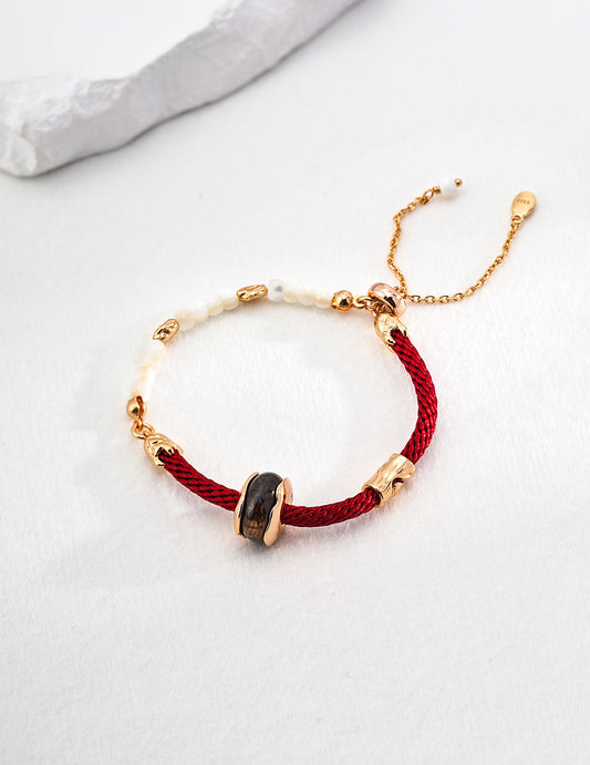 Tiger's Eye Bracelet With Pearls In Gold Plated Silver