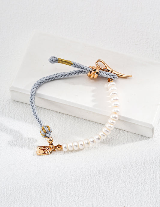 Natural Pearl Bracelet With Vintage Blue Rope