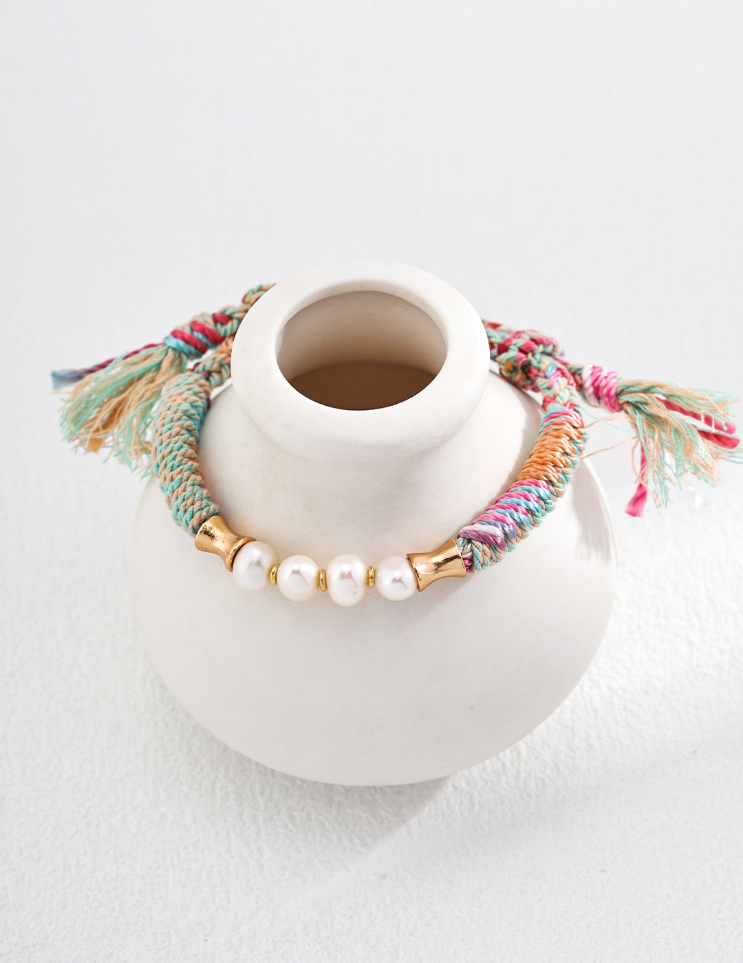 Multi Colours Woven Bracelet With Natural Pearls And Gold Plated Silver