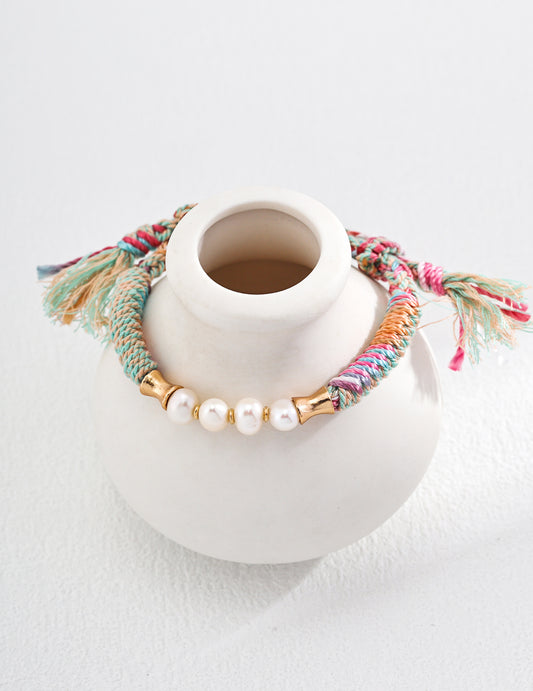Multi Colours Woven Bracelet With Natural Pearls And Gold Plated Silver