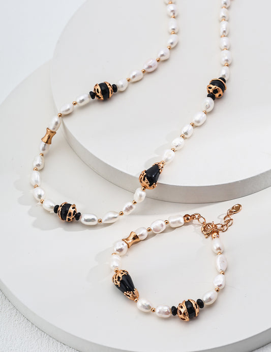 Gold Plated All Natural Black Agate and Pearl Necklace
