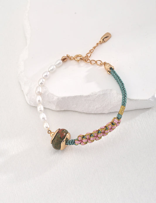 Natural Unakite Bracelet With Pearls In Gold Plated Silver